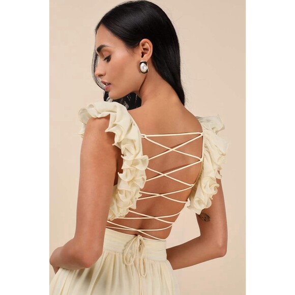 Lulus Soiree Celebration Dress Women's S Light Yellow Maxi Ruffled Lace Up NWT - Picture 4 of 11
